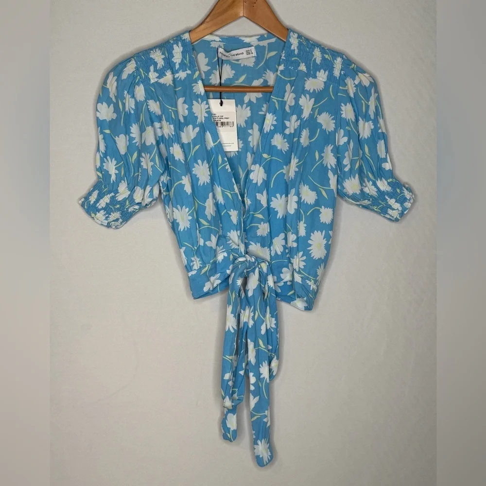 Faithfull the Brand Blue and White Floral Wrap Crop Blouse